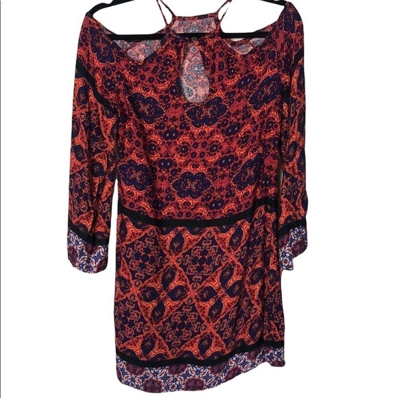 MINKPINK Red Multicolor Sun Dancer Cold Shoulder Long Sleeve Mini Dress XS - Picture 6 of 15
